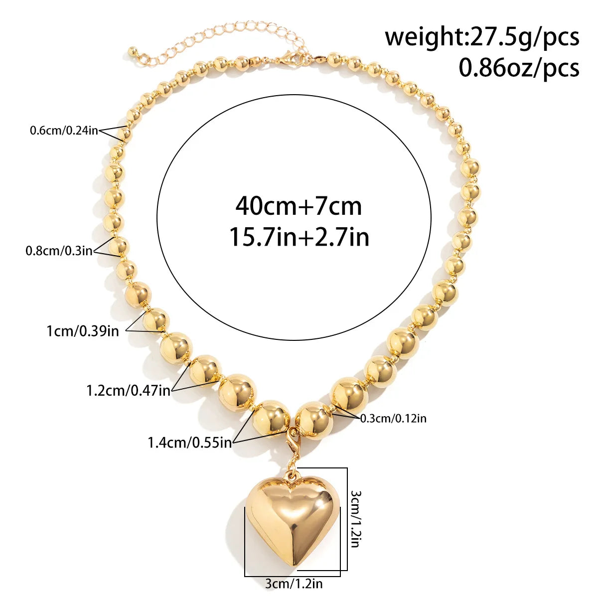 Ball Beaded Chain and Heart Pendant Necklace for Women Trendy Choker Collar on the Neck Fashion Jewelry-Dollar Bargains Online Shopping Australia