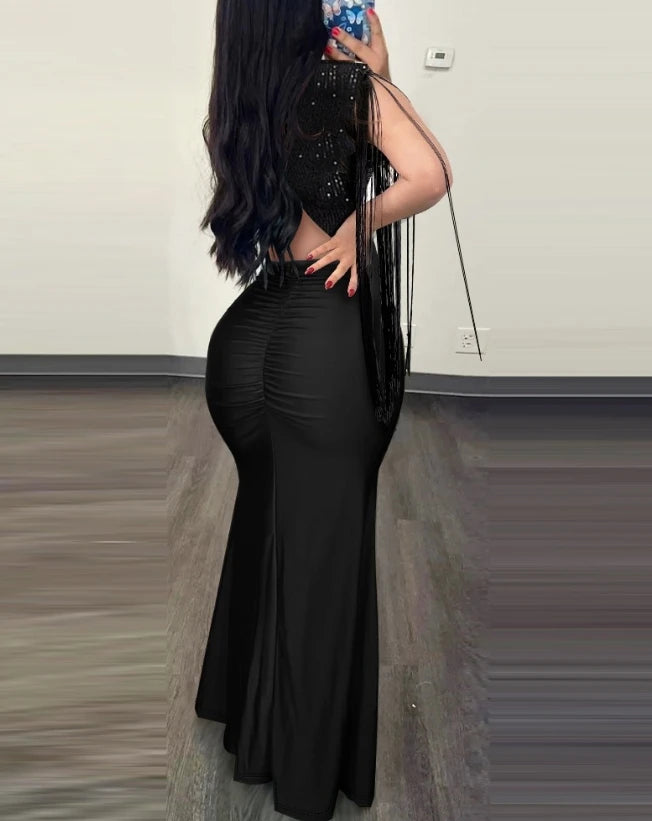 Elegant Evening Party Dresses for Women Sexy Contrast Sequin Ruched Slit Evening Dress-Dollar Bargains Online Shopping Australia