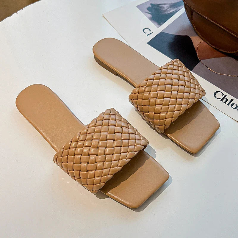 Braided Red Square Toe Flat Flip-Flops Fashion Beach Mules Casual Indoor Home Slippers