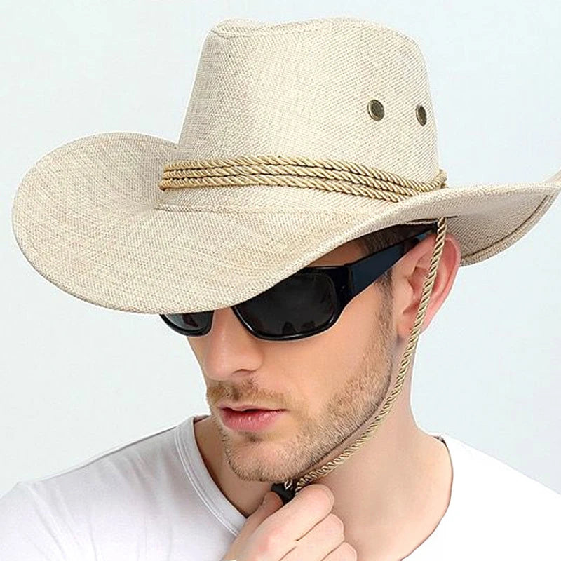 Summer Men Hat Breathable Western Cowboy Sunscreen Cap British Style Men Linen Solid Color Retro Casual Lightweight Hat-Dollar Bargains Online Shopping Australia