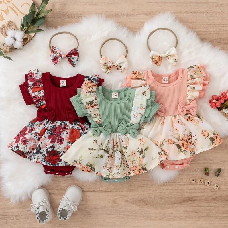 Summer Baby Girl Dress With Bowknot Striped Jumpsuit Cotton Dress For Newborn Floral Clothes Baby Crawling Clothes-Dollar Bargains Online Shopping Australia