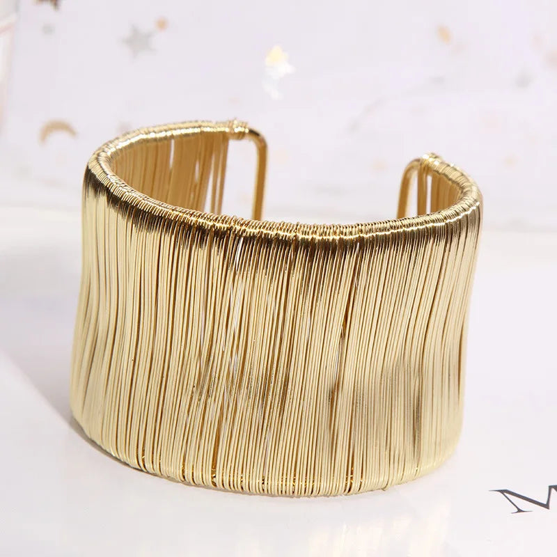 Punk Multilayer Metal Wires Strings Bracelets Bangles For Women Vintage Exaggerated Gold Color Wide Open Cuff Bangles Jewelry-Dollar Bargains Online Shopping Australia