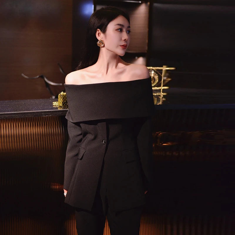 Slash Neck Chic Blazers Women Off Shoulder Long Sleeve Patchwork Single Button Solid Coat-Dollar Bargains Online Shopping Australia