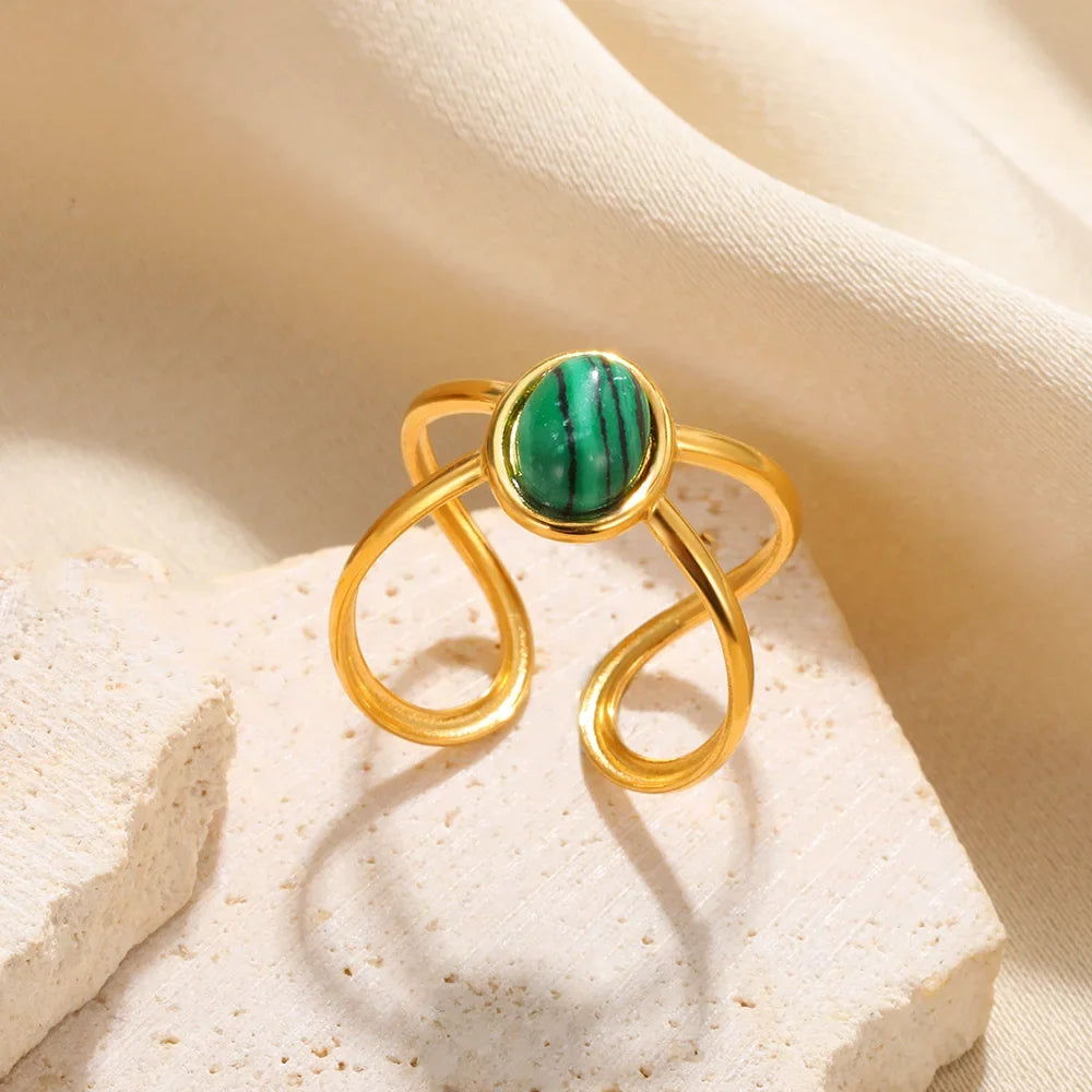 Stainless Steel Green Natural Stone Rings For Women Vintage Trend Punk Jewelry 18K Gold Color Opening Ring Christmas Gift New-Dollar Bargains Online Shopping Australia