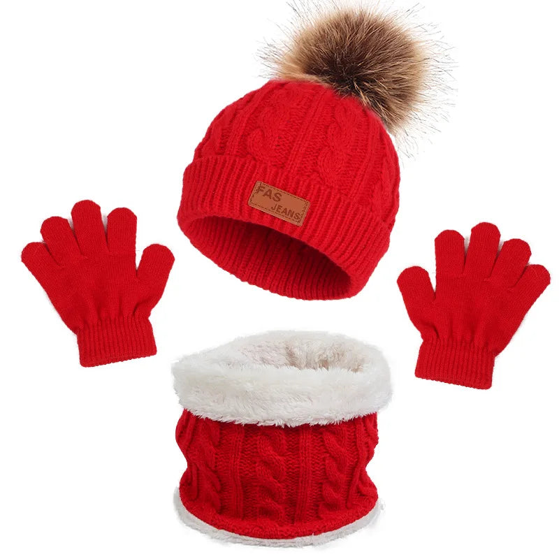 Children Winter Warm Suits Knitted Hat Scarf and Gloves Set For Girls Boy Pompoms Baby Beanies Cap Christmas Gifts For Kids 1-5y-Dollar Bargains Online Shopping Australia