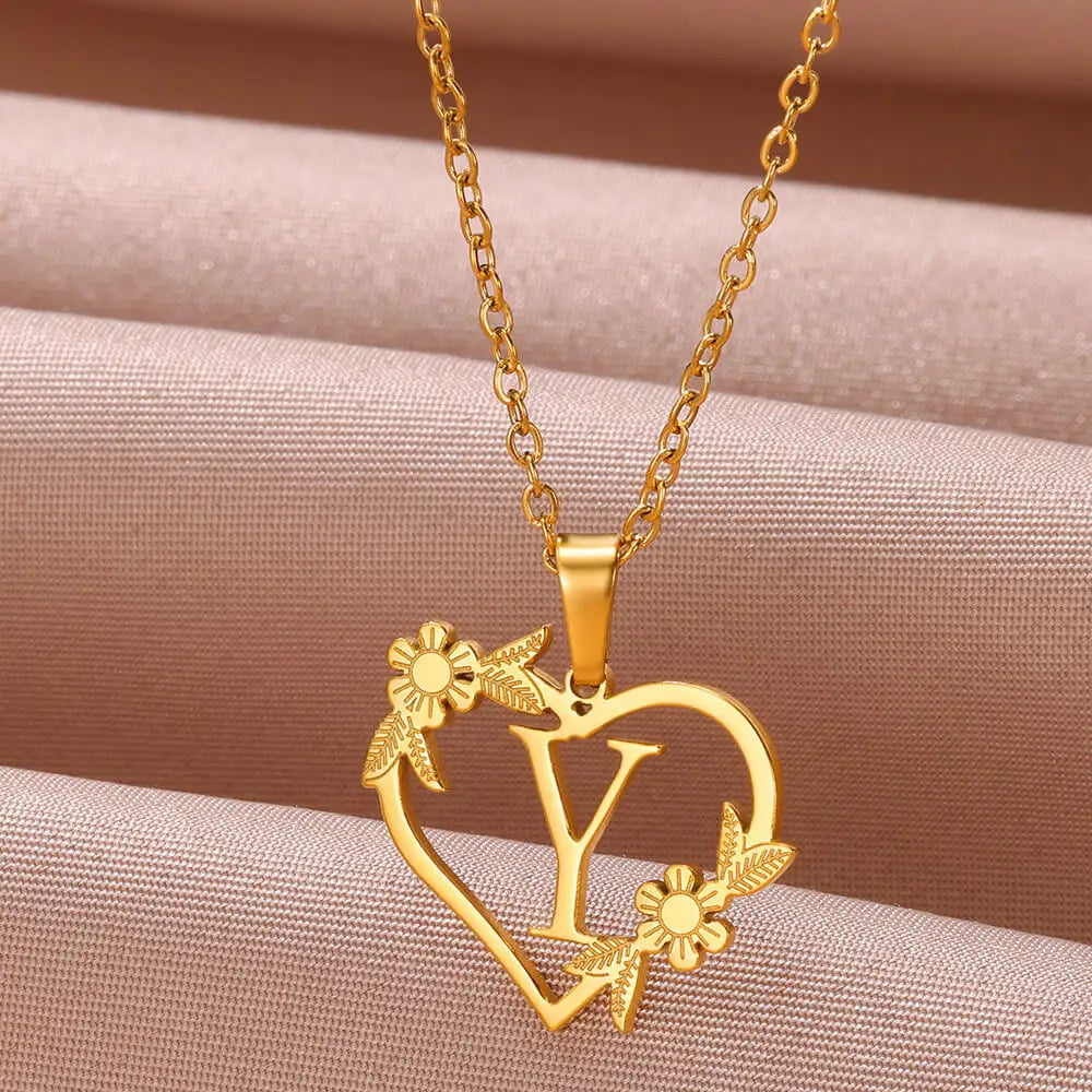 Gold Color Dainty Flower Initials Necklace Women Girl Stainless Steel Heart Letter Choker Necklace Best Gifts Alphabet Jewelry-Dollar Bargains Online Shopping Australia