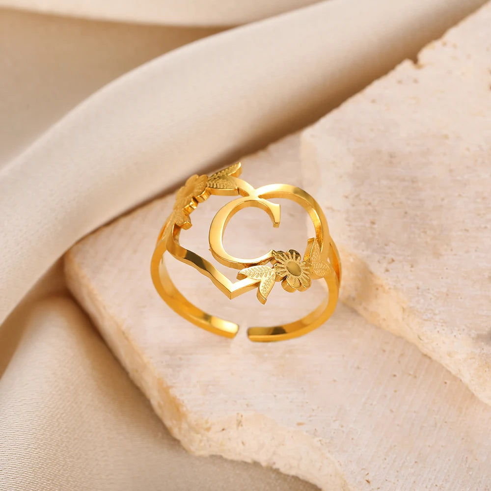 Stainless Steel Initials Flower Heart Rings Gold Color Adjustable Delicate Letter Leaf Rings For Women Girl Alphabet Jewelry-Dollar Bargains Online Shopping Australia