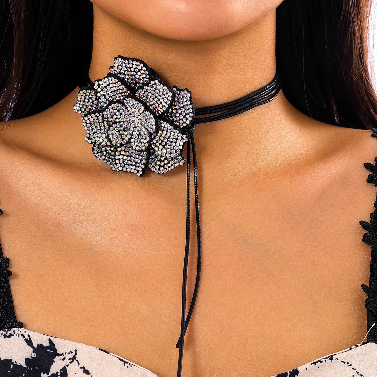 Luxury Full Rhinestone Big Rose Flower Choker Necklace Women Black Leather Wax Rope Clavicle Chain Adjustable Neck-Dollar Bargains Online Shopping Australia