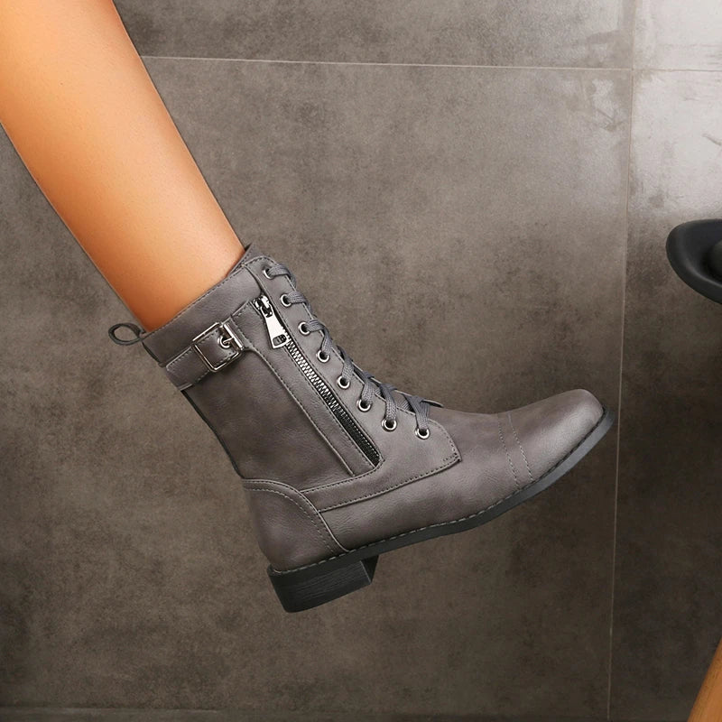 New Women's Boots Fashion Side Zip Round Toe Biker Boots Solid Color Lace-Up Chunky Heel Casual Shoes Coturno Feminino-Dollar Bargains Online Shopping Australia