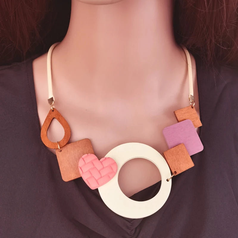 Geometric Wooden Pendant Ethnic Statement Bib Necklace for Women Handmade Maxi Necklaces Vintage Jewelry-Dollar Bargains Online Shopping Australia