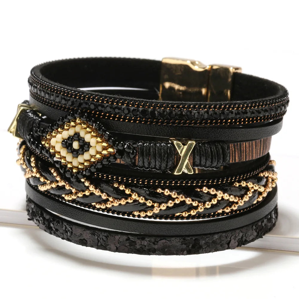 Multilayer Handwoven Leather Bracelet for Women Magnet Buckle Wide Bracelet Rice Bead Woven Devil's Eye Leather Bracelet-Dollar Bargains Online Shopping Australia