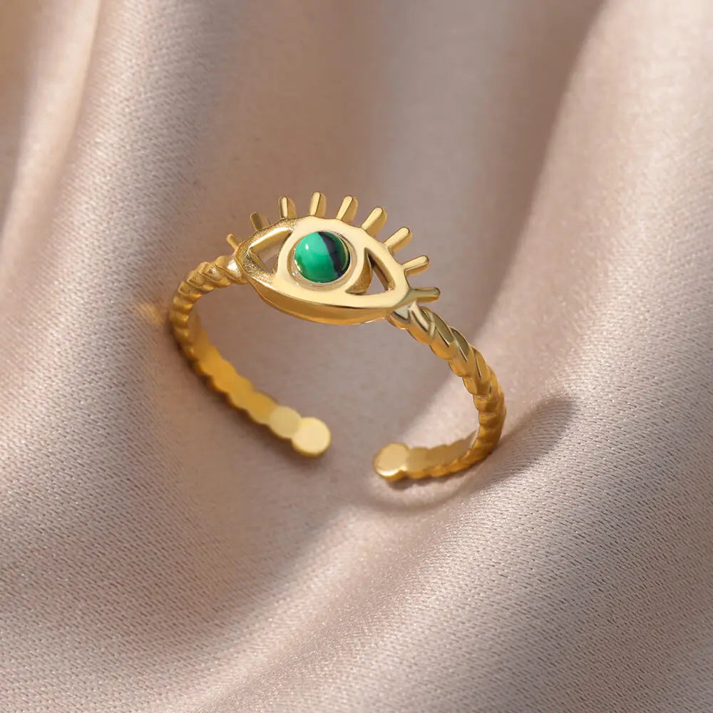 Stainless Steel Green Natural Stone Rings For Women Vintage Trend Punk Jewelry 18K Gold Color Opening Ring Christmas Gift New-Dollar Bargains Online Shopping Australia