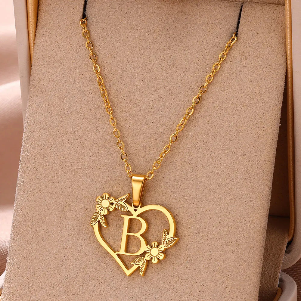 Gold Color Dainty Flower Initials Necklace Women Girl Stainless Steel Heart Letter Choker Necklace Best Gifts Alphabet Jewelry-Dollar Bargains Online Shopping Australia