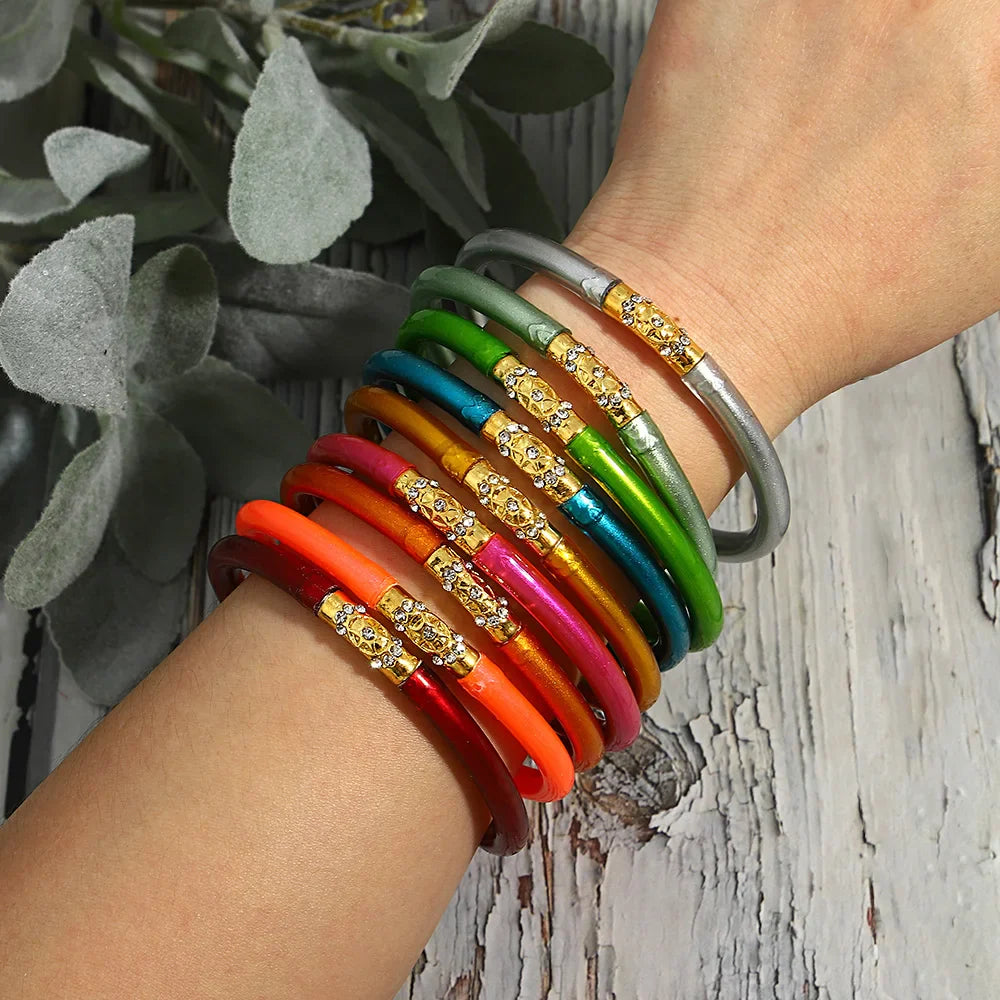 Inlaid Rhinestone Metal Buckle Silicone Bracelet for Women Buddhist Rush Temple Glitter Filled Jelly Lightweight Bangles-Dollar Bargains Online Shopping Australia