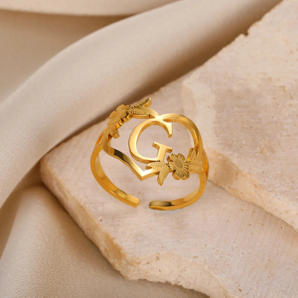Stainless Steel Initials Flower Heart Rings Gold Color Adjustable Delicate Letter Leaf Rings For Women Girl Alphabet Jewelry-Dollar Bargains Online Shopping Australia