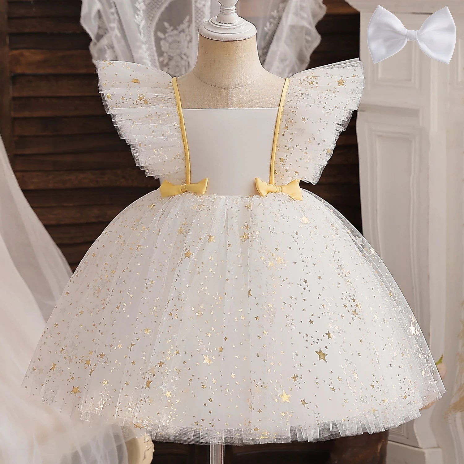 Toddler Baby Girls Dress Bow Baptism Dress for Girls Birthday Party Wedding Beading Dress Formal Tutu Fluffy Gown-Dollar Bargains Online Shopping Australia
