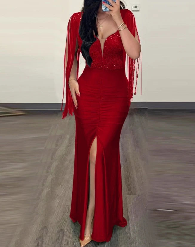 Elegant Evening Party Dresses for Women Sexy Contrast Sequin Ruched Slit Evening Dress-Dollar Bargains Online Shopping Australia