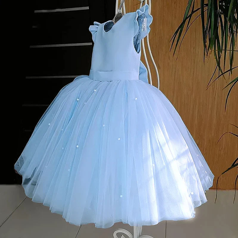 Toddler Girl Flower Birthday Tulle Dress Backless Bow Wedding Gown Kids Party Wear Princess Blue Dress Baby Girl Bowknot Dresses-Dollar Bargains Online Shopping Australia