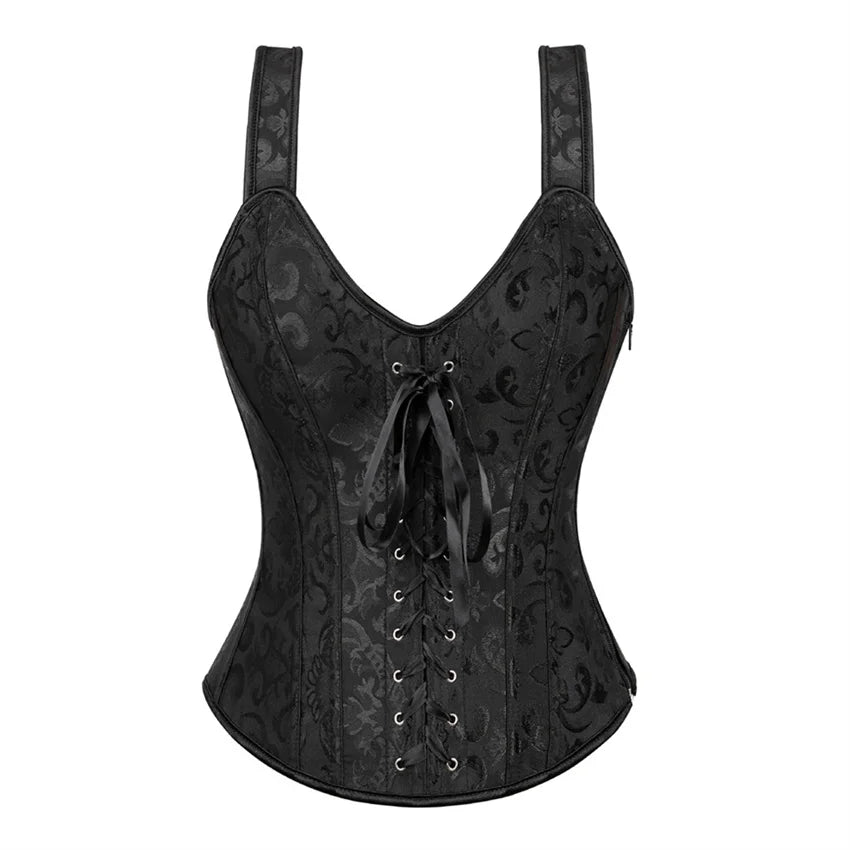 Corset with Straps for Women Black Overbust Corset Plus Size Jacquard Lace-Up Corset Zipper TOP Vintage Gothic Corset Bustier-Dollar Bargains Online Shopping Australia