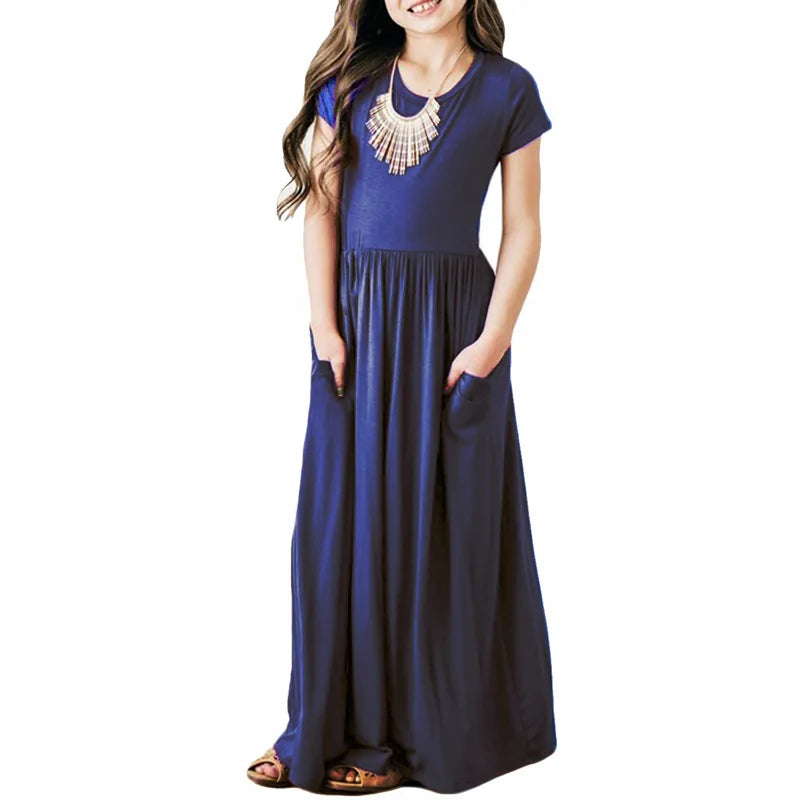 Girls Short Sleeved Long Dress Beach Party Birthday Casual Fashion Show Versatile A-Line Dress-Dollar Bargains Online Shopping Australia