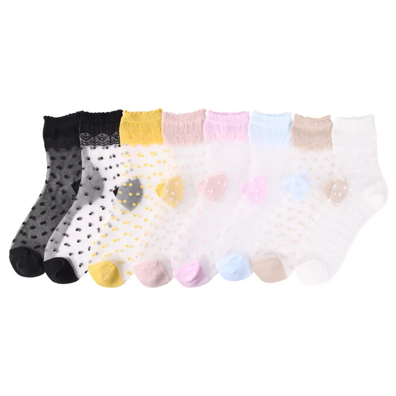 Invisible Socks Women Summer Lace Socks Crystal Silk Polka Dot Ankle Socks Glass Black White Transparent Sock for Ladies