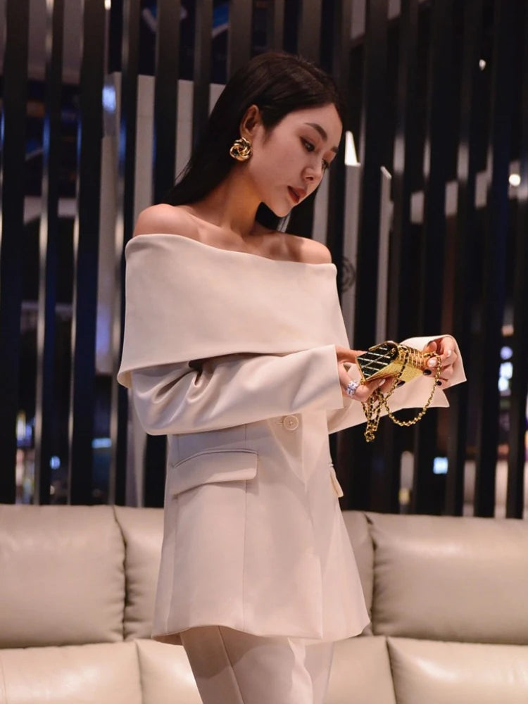 Slash Neck Chic Blazers Women Off Shoulder Long Sleeve Patchwork Single Button Solid Coat-Dollar Bargains Online Shopping Australia