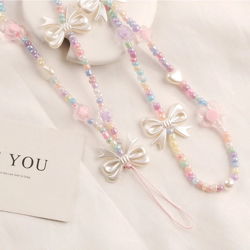 Creative Crystal Bowknot Pearl Beaded Mobile Phone Straps for Women Phone Case Key Chain Bag Pendant Decoration Accessories-Dollar Bargains Online Shopping Australia