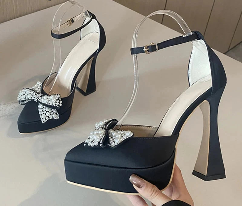 Pearl Butterfly-Knot Women High Heels Sandals Sexy Thick Bottom Pointed Toe Platform Pumps Wedding Banquet Shoes-Dollar Bargains Online Shopping Australia