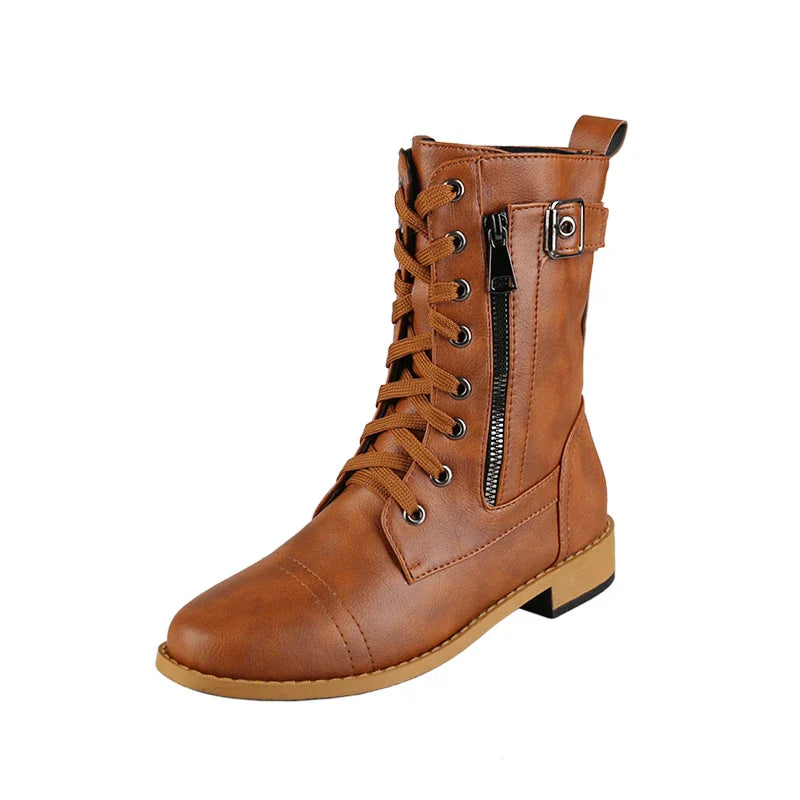 New Women's Boots Fashion Side Zip Round Toe Biker Boots Solid Color Lace-Up Chunky Heel Casual Shoes Coturno Feminino-Dollar Bargains Online Shopping Australia