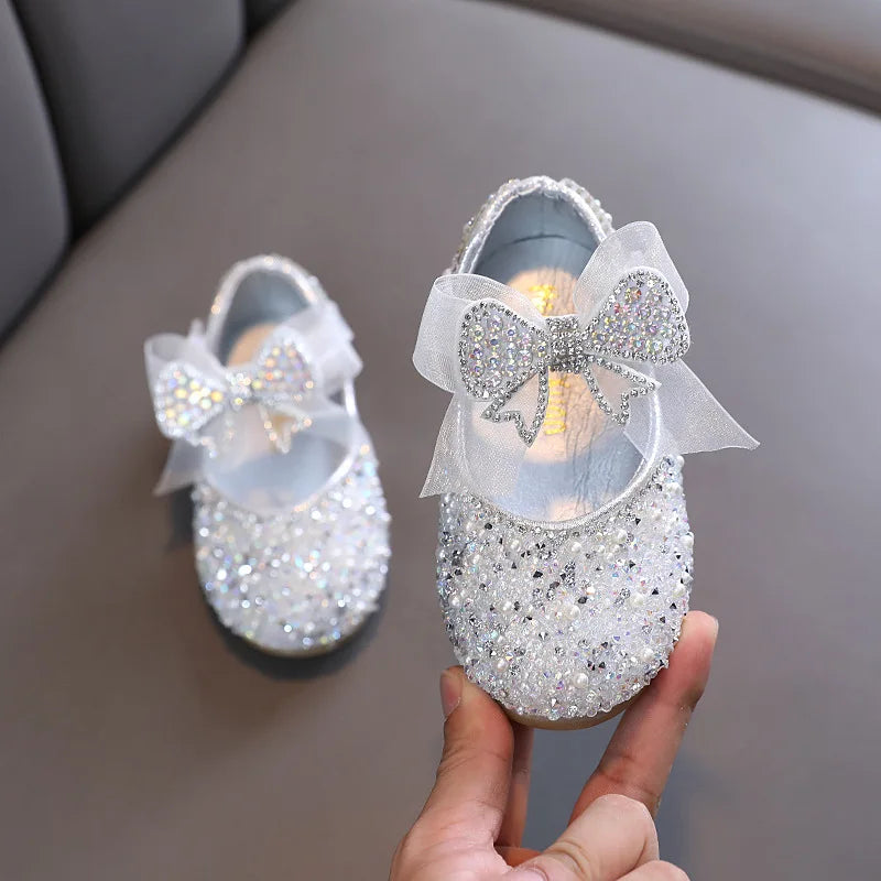 Children's Sequined Leather Shoes Girls Princess Rhinestone Bowknot Single Shoes Kids Wedding Shoes