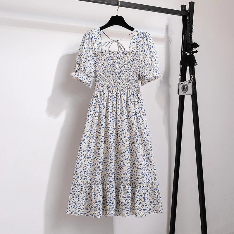 Chiffon Dresses Fashion Female Elastic Waist Short Sleeve Pleated Casual Dress Women A-line Dresses-Dollar Bargains Online Shopping Australia
