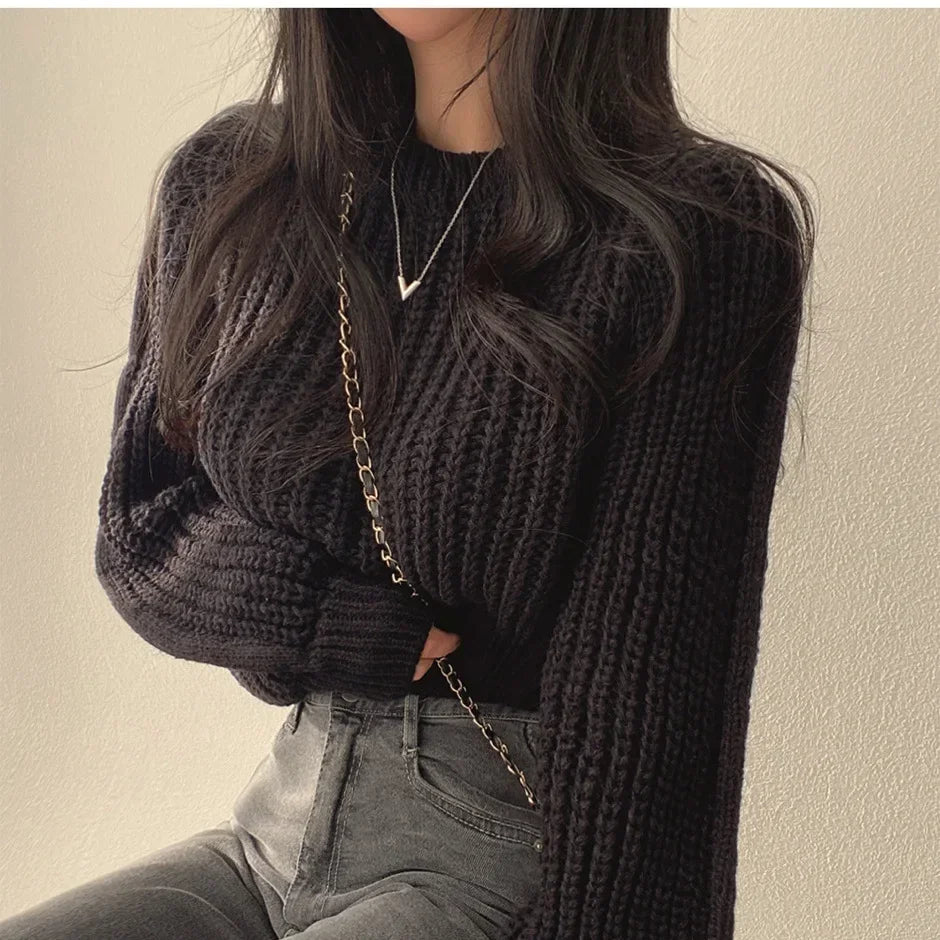 Knitted Sweater Pullovers New Design Cute Sweet Japan Girls Solid O Neck Short Crop Knit Tops 4 Colors 2023 Winter Autumn-Dollar Bargains Online Shopping Australia