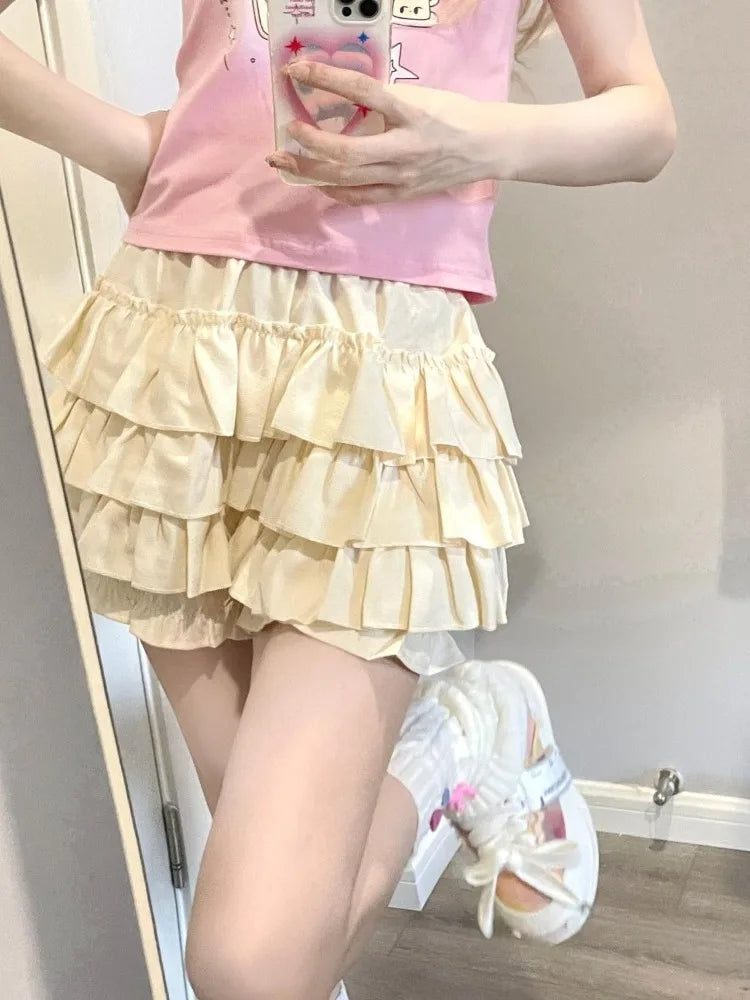 Kawaii Lolita Skirt Women Ruffle Layered High Waist Cutecore Mini Skirt Shorts Harajuku Japanese Style Soft Girl