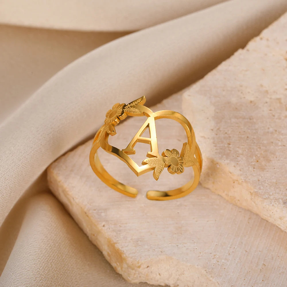 Stainless Steel Initials Flower Heart Rings Gold Color Adjustable Delicate Letter Leaf Rings For Women Girl Alphabet Jewelry-Dollar Bargains Online Shopping Australia