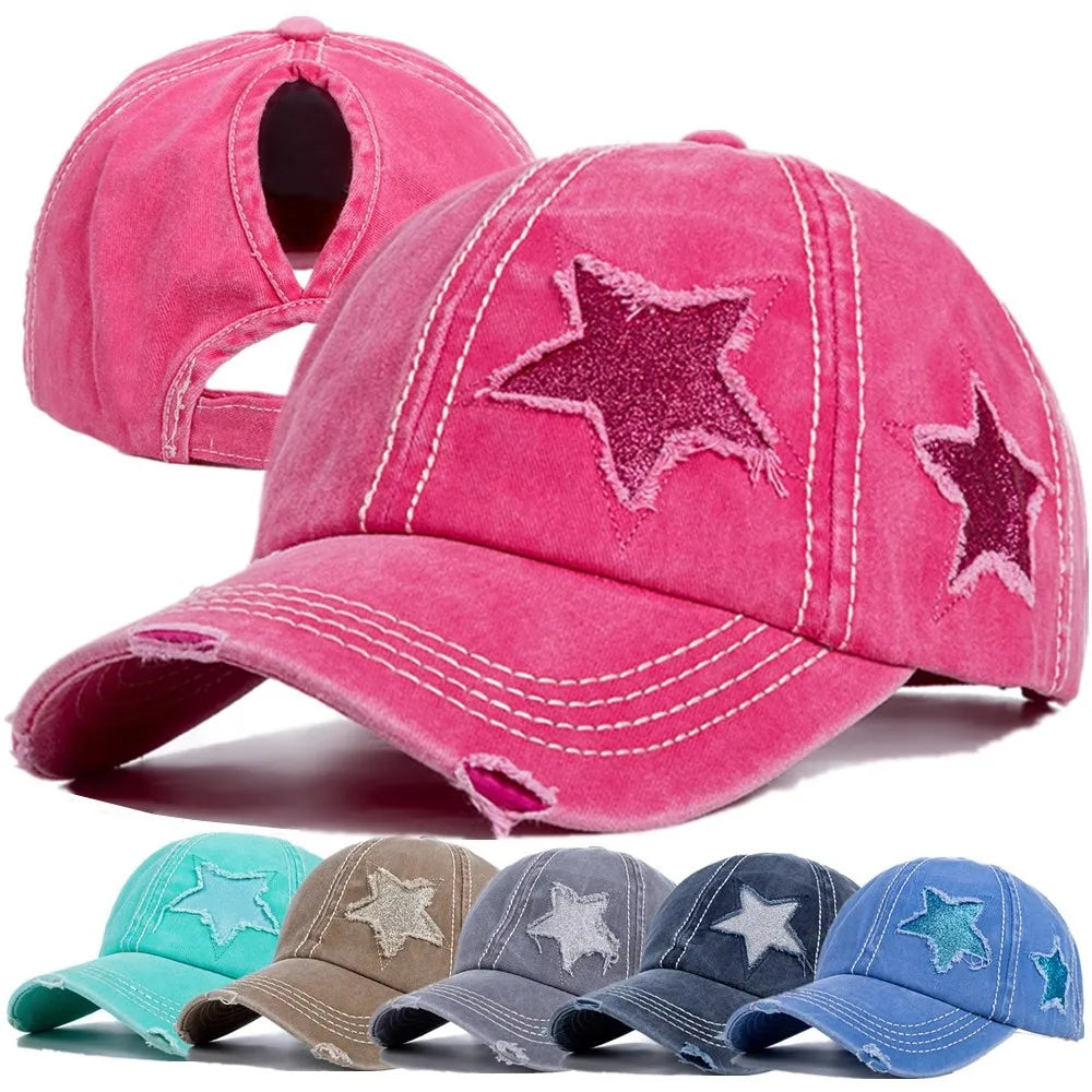 High Ponytail Baseball Caps for Women Snapback Hat Distressed Star Washed Denim Cap Adjustable Hip Hop Hole Star Fishing Hat-Dollar Bargains Online Shopping Australia