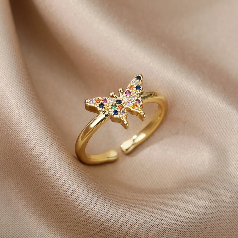 Bee Butterfly Ring For Women Open Adjustable Stainless Steel Cubic Zirconia Moon Heart Finger Ring-Dollar Bargains Online Shopping Australia