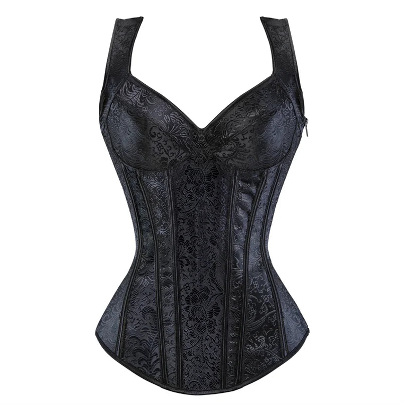 Corset with Straps for Women Black Overbust Corset Plus Size Jacquard Lace-Up Corset Zipper TOP Vintage Gothic Corset Bustier-Dollar Bargains Online Shopping Australia