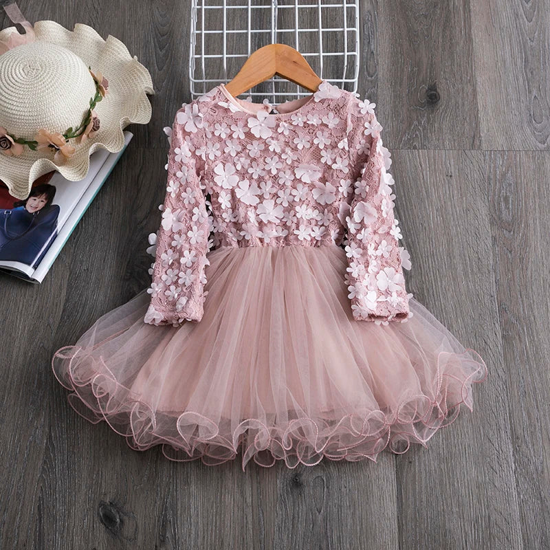 Little Girls Autumn Full Sleeves Dress for Children Party Kids Casual Dress Pink Floral Embroidery Dresses Princess Wear-Dollar Bargains Online Shopping Australia