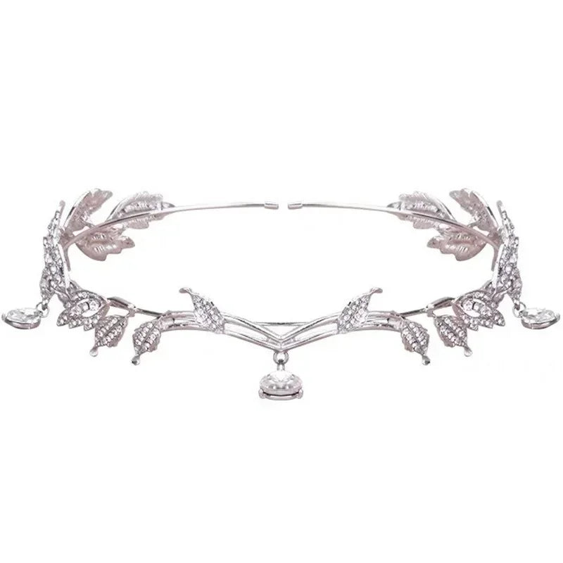 Crown Leaves Waterdrop Tiara Wedding Accessories Ladies Artificial Rhinestone Party Princess Elf Tiara Accessories