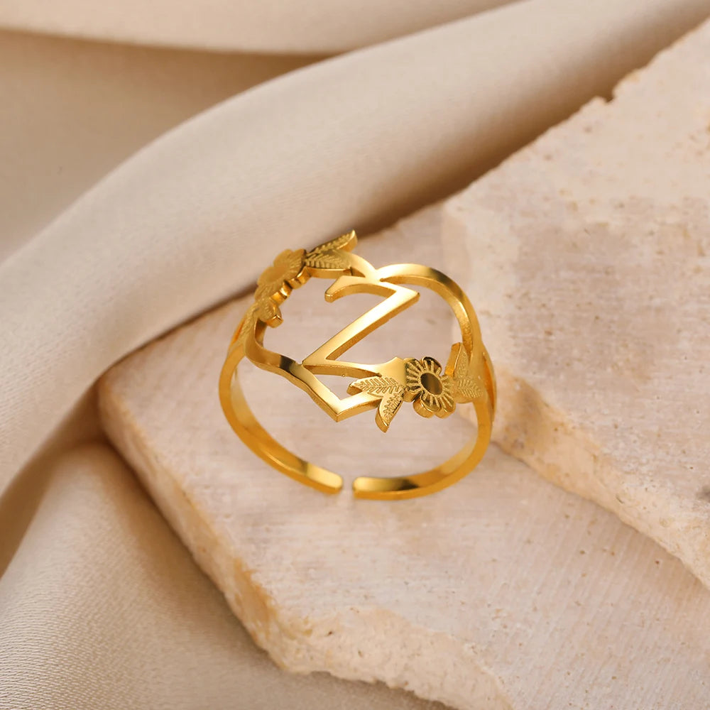 Stainless Steel Initials Flower Heart Rings Gold Color Adjustable Delicate Letter Leaf Rings For Women Girl Alphabet Jewelry-Dollar Bargains Online Shopping Australia