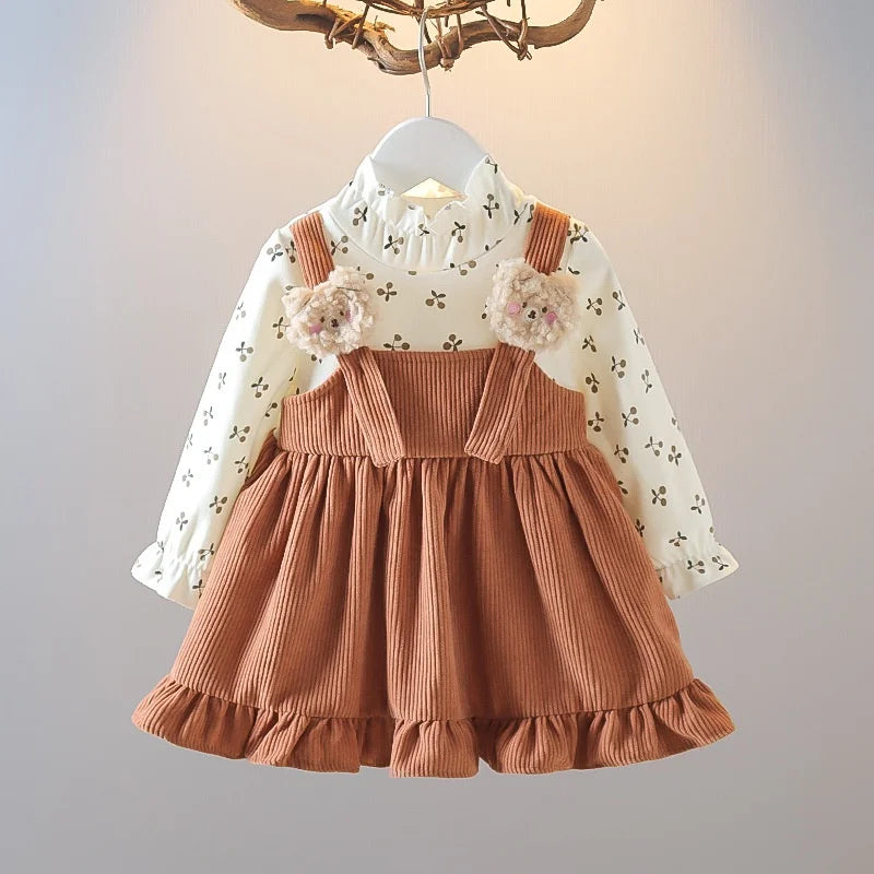 Kid Girl Long Sleeve Dress Floral Lovely Bear Corduroy Strap Style Dress Fashion Cute Photograph Outfit for Child Girl 1-6 Years-Dollar Bargains Online Shopping Australia
