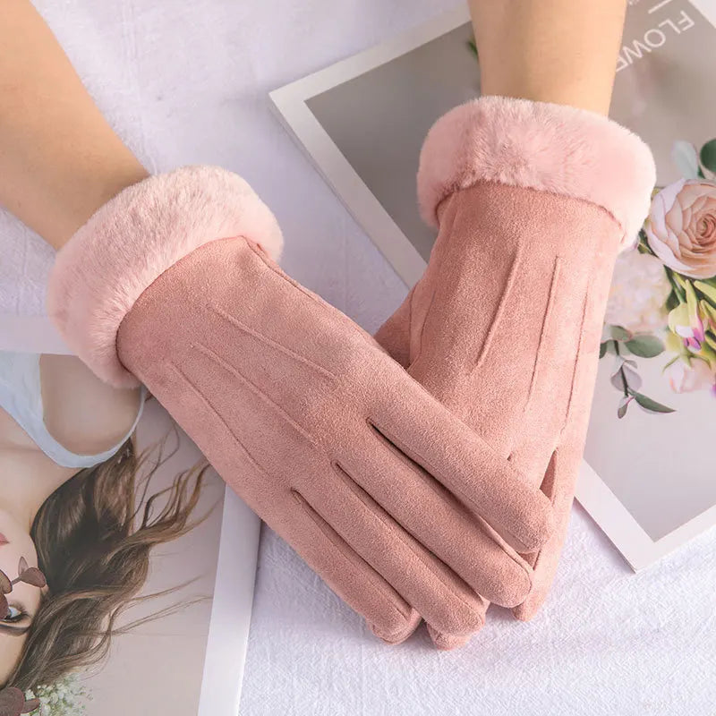 Cashmere Warm Suede Leather Cycling Mittens Double Thick Velvet Plush Wrist Women Touch Screen Driving Gloves-Dollar Bargains Online Shopping Australia