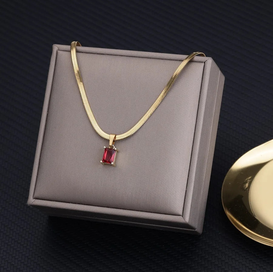 Vintage Rust Steel Zircon Necklace Flat Snake Bone Chain Blade Chain Square Emerald Pendant Necklace Women-Dollar Bargains Online Shopping Australia