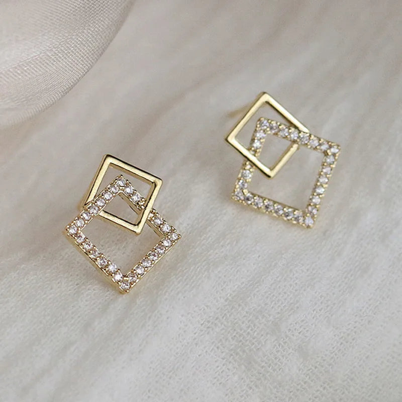 Korean Geometric Double Layers Rhombus Earrings for Women Gold Color Crystal Temperament Earring-Dollar Bargains Online Shopping Australia