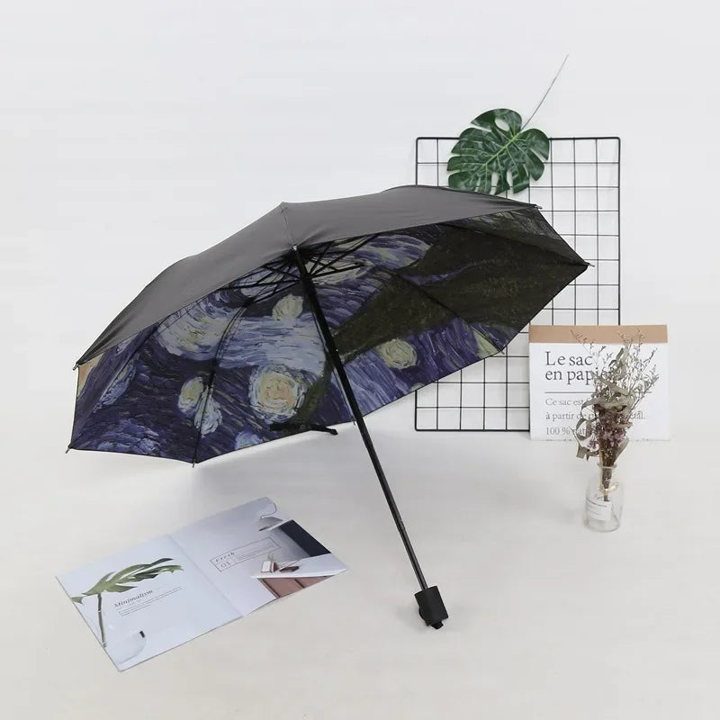Folding Umbrella Female Windbreak Van Gogh Oil Painting Umbrella Rain Female Quality Black Coated Sunshade Umbrella