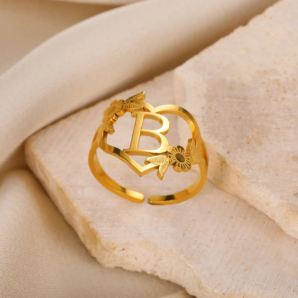 Stainless Steel Initials Flower Heart Rings Gold Color Adjustable Delicate Letter Leaf Rings For Women Girl Alphabet Jewelry-Dollar Bargains Online Shopping Australia