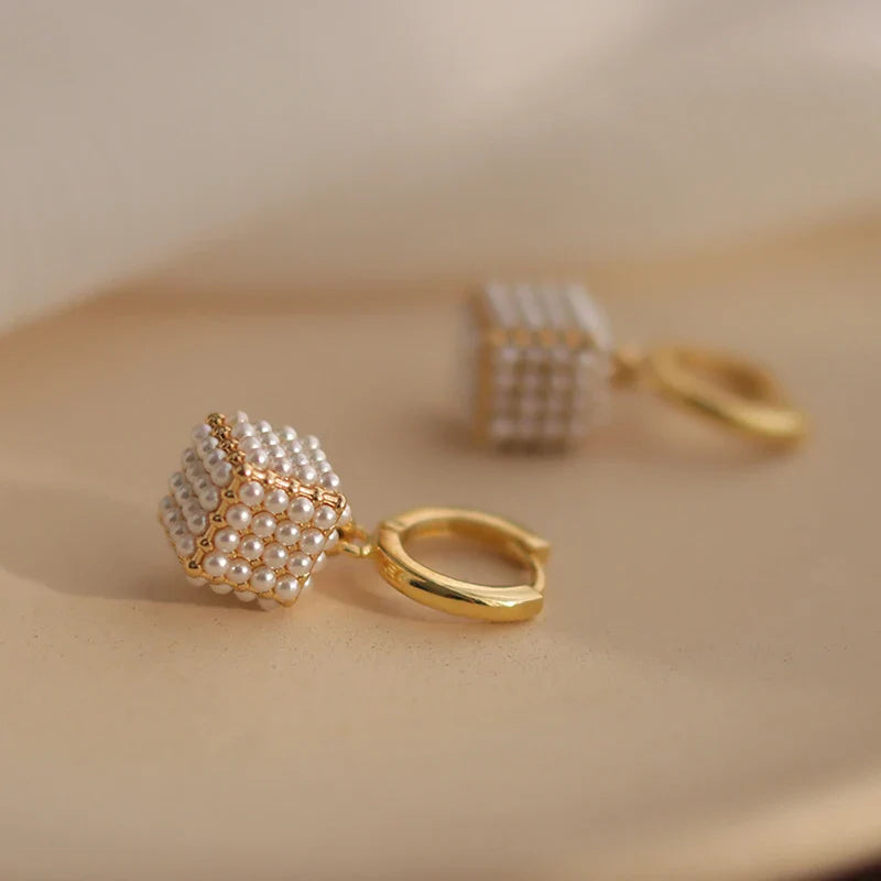Premium Pearl Stereoscopic Square Pendant Earrings Eardrop party Girl’s Luxury