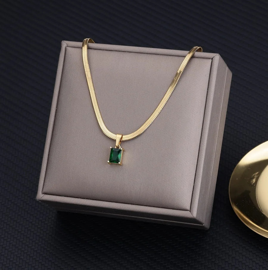 Vintage Rust Steel Zircon Necklace Flat Snake Bone Chain Blade Chain Square Emerald Pendant Necklace Women-Dollar Bargains Online Shopping Australia
