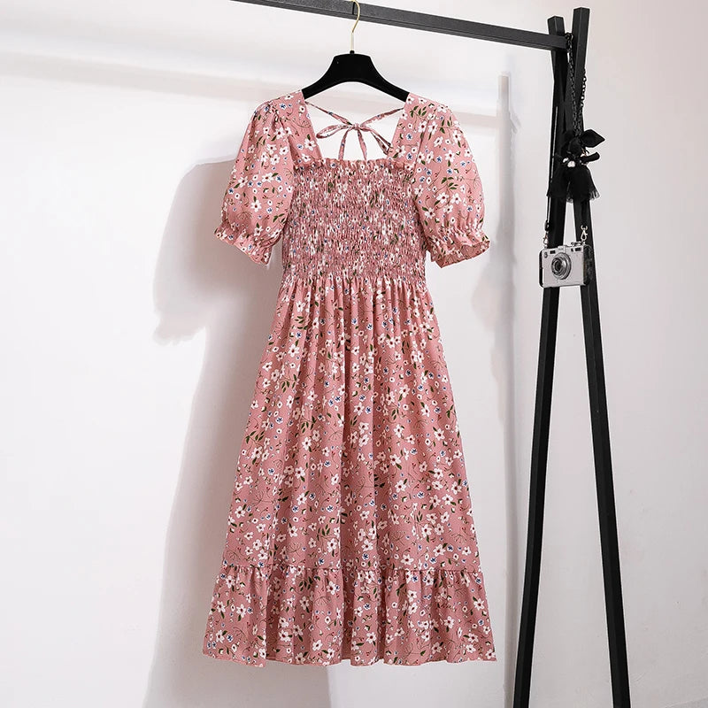 Chiffon Dresses Fashion Female Elastic Waist Short Sleeve Pleated Casual Dress Women A-line Dresses-Dollar Bargains Online Shopping Australia