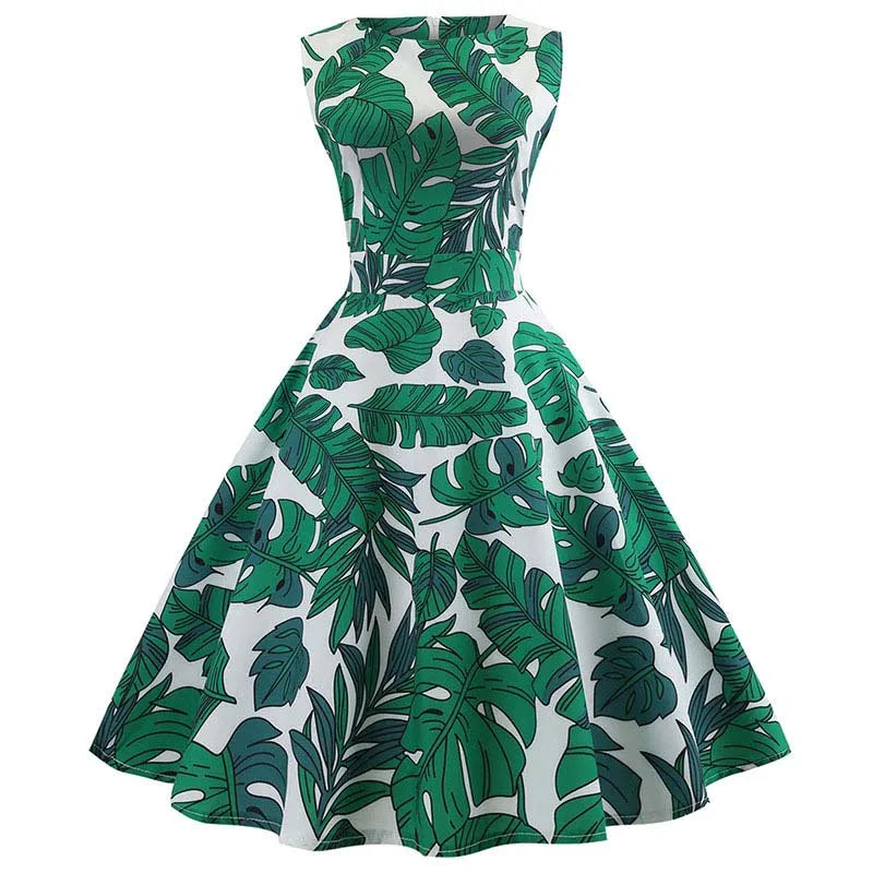 Women Summer Dress Sleeveless Green Leaf Print Midi Dress O Neck Retro Vintage Party Robe-Dollar Bargains Online Shopping Australia